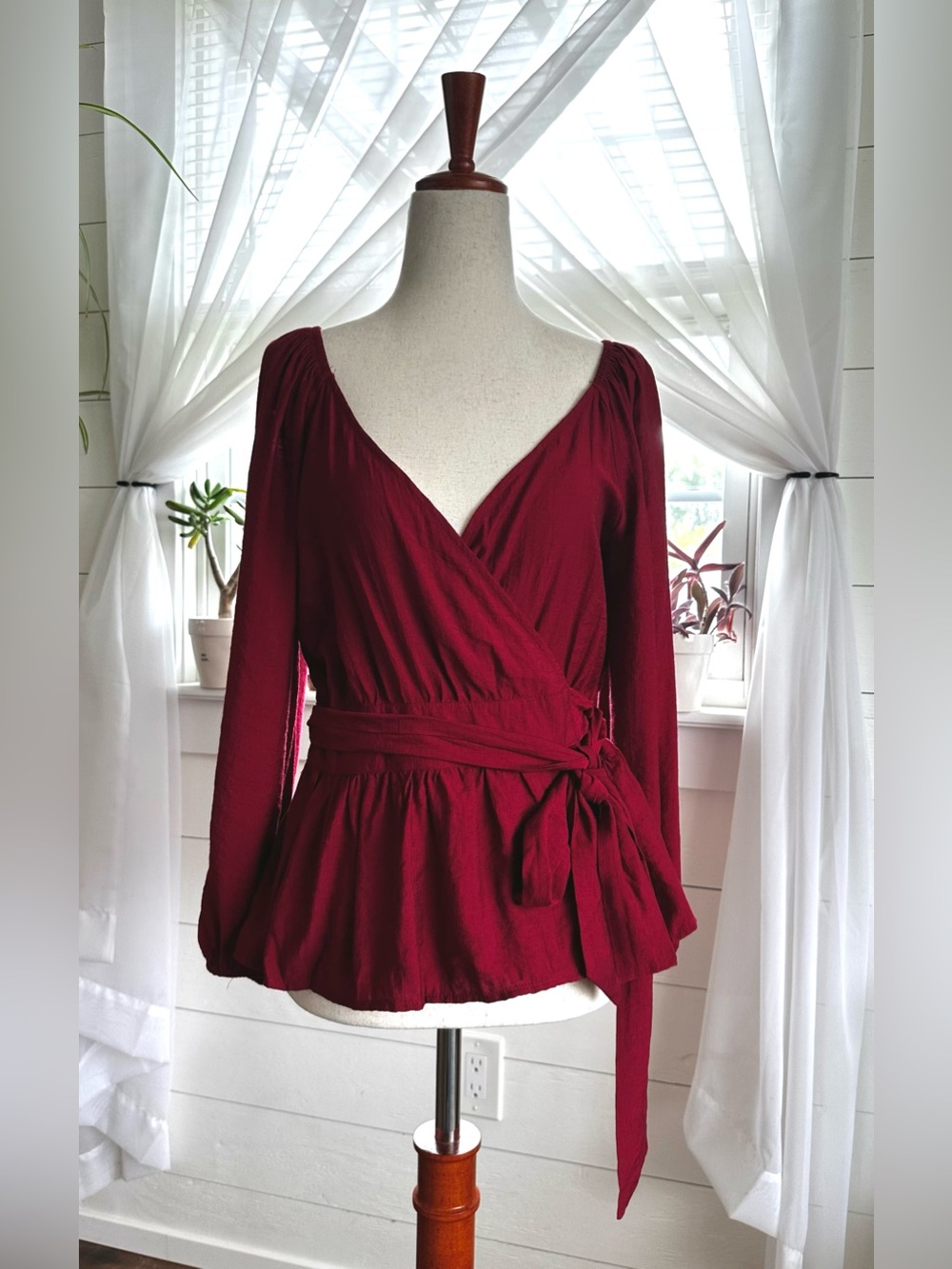 Flawless Burgundy Wrap Blouse Size S Long Sleeve Tie Waist NWT!